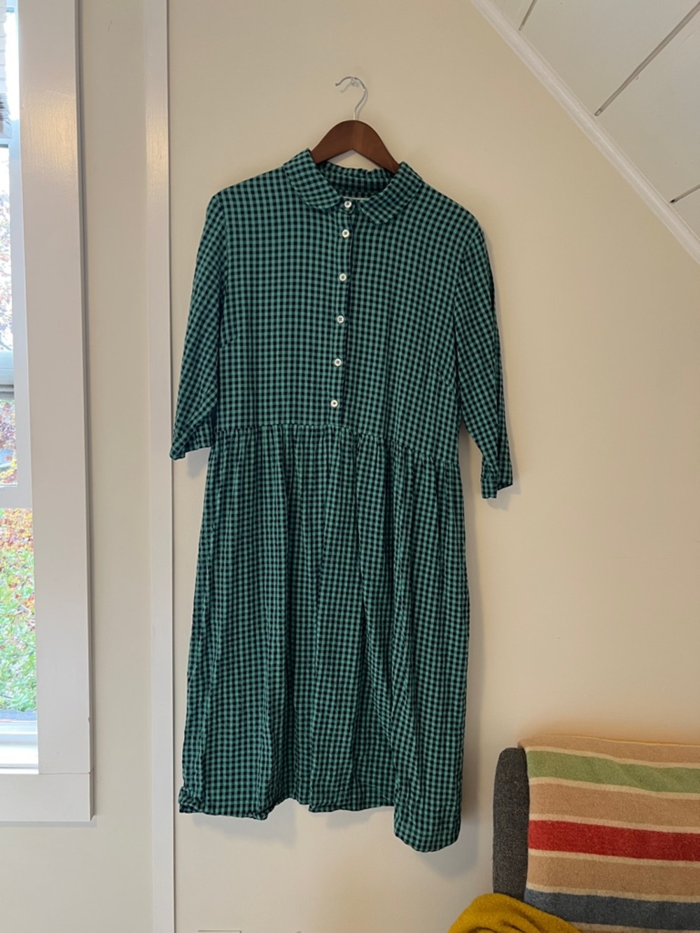 BiBico navy/green Gingham Button-Front Midi Dress size L- she has pockets!